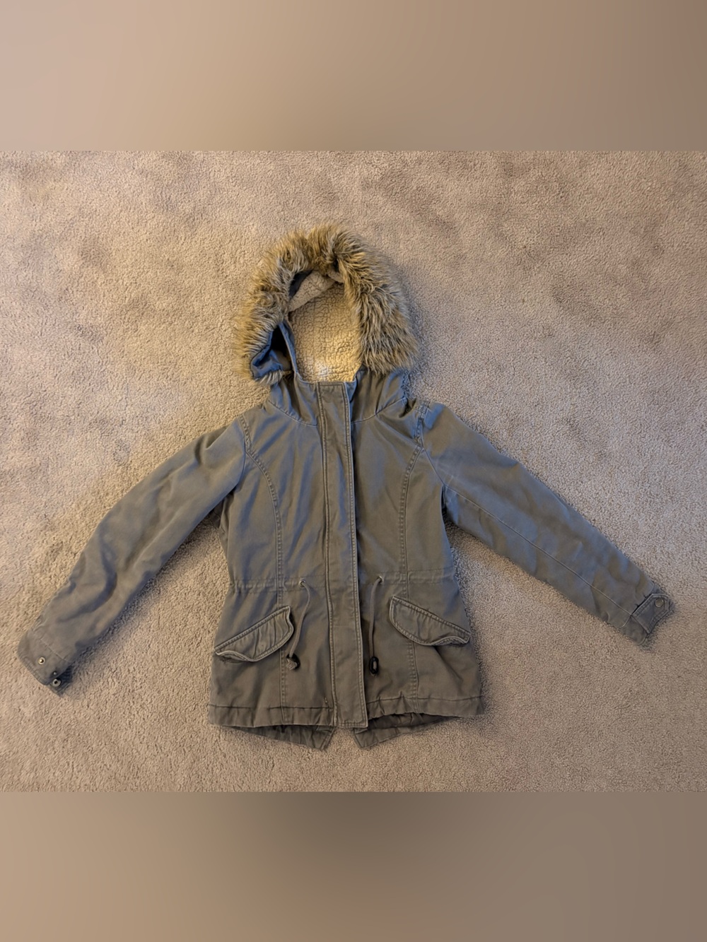 Sebby Gray Hooded Puffer Jacket with Faux-Fur Trim